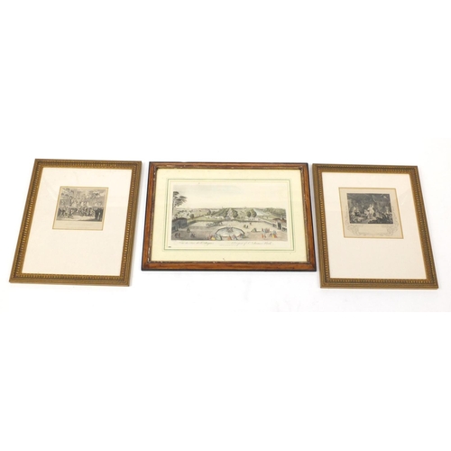 240 - Two William Hogarth black and white engravings and a coloured engraving of Paris, each mounted and f... 