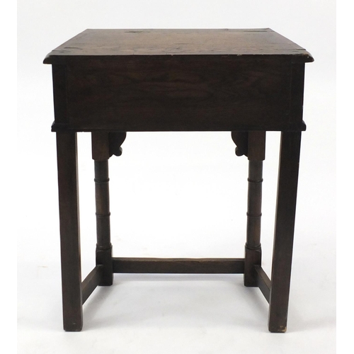 13 - Carved oak hall table, with cross banded top and frieze drawer, 73cm H x 61cm W x 31cm D