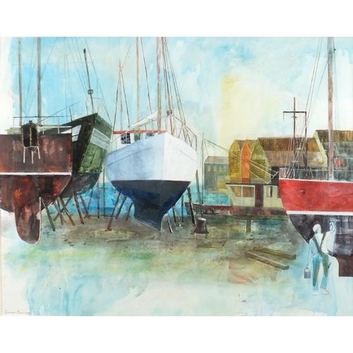 2214 - Lionel Burdge - Falmouth boat yard, acrylic and collage, label verso, mounted and framed, 61.5cm x 5... 