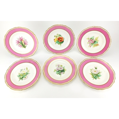 2120 - Set of six Victorian Copeland porcelain cabinet plates, hand painted with flowers within pink and gi... 
