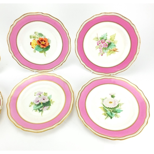 2120 - Set of six Victorian Copeland porcelain cabinet plates, hand painted with flowers within pink and gi... 