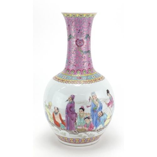 2065 - Large Chinese porcelain vase, hand painted in the famille rose palette with figures and flowers, cha... 