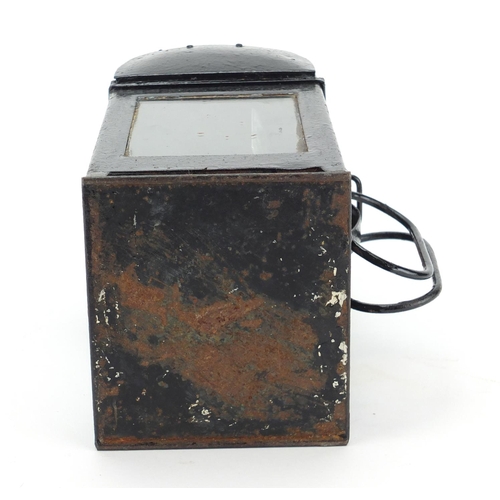 2109 - Vintage black painted railway lantern with ceramic burner and LMS Railway plaque, 27cm high