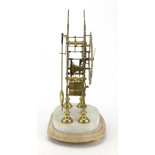 2145 - Brass skeleton clock with fusee movement, raised on an oval marble base, 39cm high