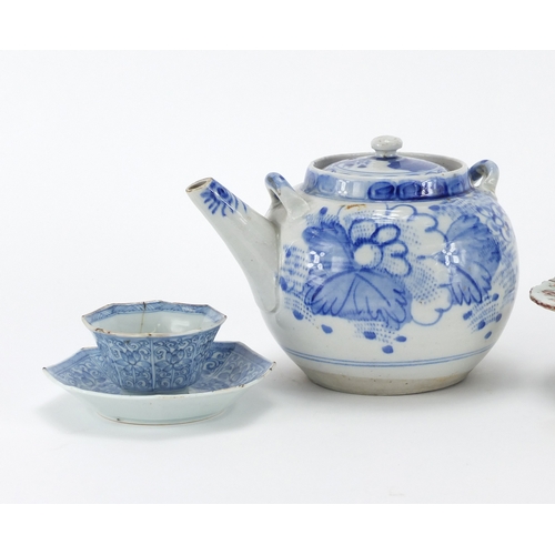 81 - Oriental pottery including blue and white porcelain teapot, tea bowls and a footed dish