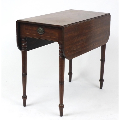 21 - Edwardian inlaid mahogany Pembroke table, fitted with a frieze drawer to one end, 72cm H x 92cm W (e... 