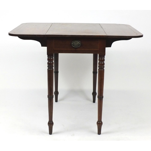 21 - Edwardian inlaid mahogany Pembroke table, fitted with a frieze drawer to one end, 72cm H x 92cm W (e... 