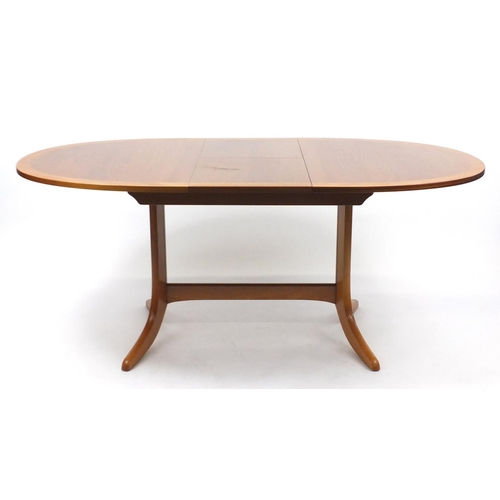 6 - Teak extending dining table with six chairs and matching sideboard, the table 73cm H x 135cm W (not ... 