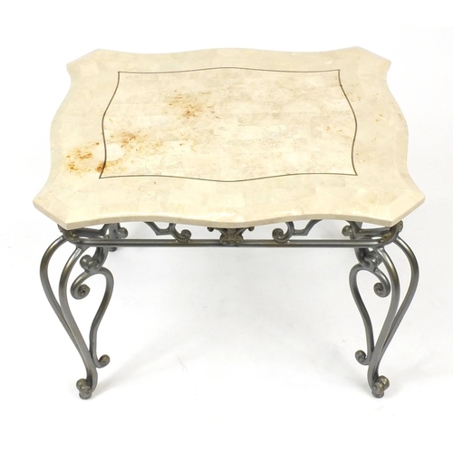 19 - Modern wrought iron occasional table with shaped marble top, 55cm H x 71cm W x 62cm D
