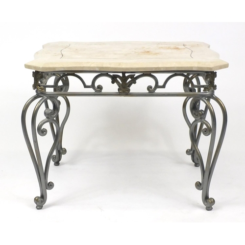 19 - Modern wrought iron occasional table with shaped marble top, 55cm H x 71cm W x 62cm D