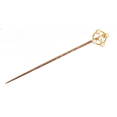 2343 - Victorian 15ct gold seed pearl tie pin, housed in a Victorian tooled leather box, 5.5cm in length, a... 