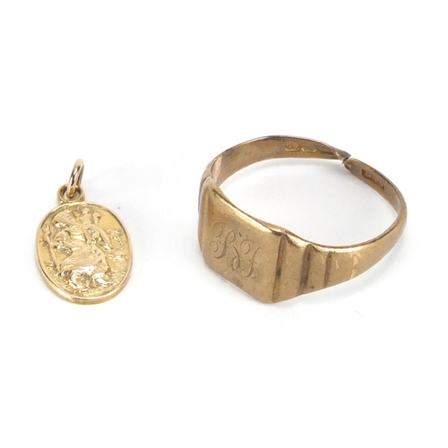 2354 - 9ct gold signet ring and St Christopher pendant, approximate weight 4.8g