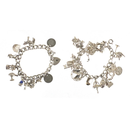 2279 - Two silver charms bracelets with selection of mostly silver charms including miners lamp, shire hors... 