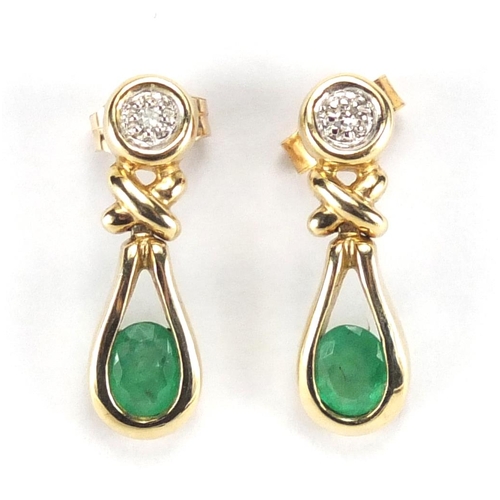 2268 - Pair of 9ct gold emerald and diamond drop earrings, 2cm in length, approximate weight 2.4g