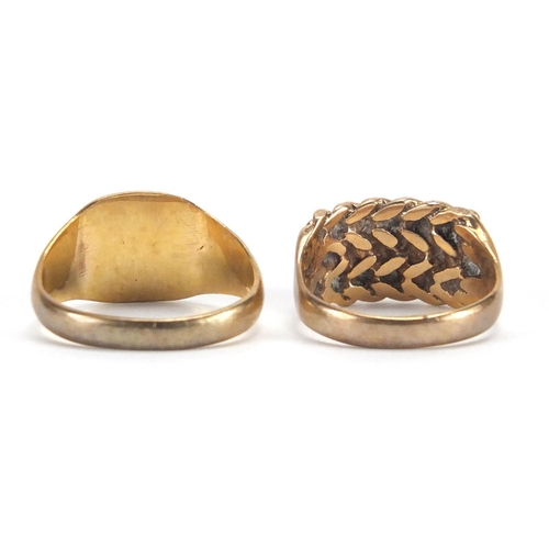 2290 - 9ct gold three row keeper ring and a 9ct gold signet ring, sizes M and Q, approximate weight 9.5g