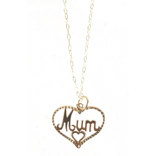 2337 - 9ct gold Mum love heart pendant on 9ct gold necklace, approximate weight 0.7g