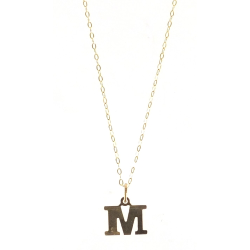 2358 - 9ct gold M initial pendant on 9ct gold necklace, approximate weight 0.5g