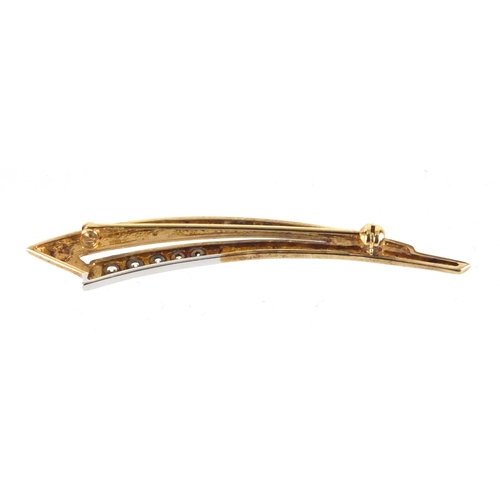 2351 - 9ct two tone gold brooch set with clear stones, 65cm in length, approximate weight 5.0g