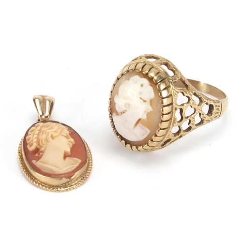 2345 - 9ct gold cameo maiden head ring and pendant, the ring size R, approximate weight 6.5g