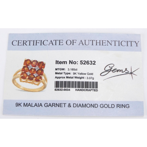 2288 - 9ct gold Malaia garnet and diamond ring, with certificate, size N, approximate weight 3.8g