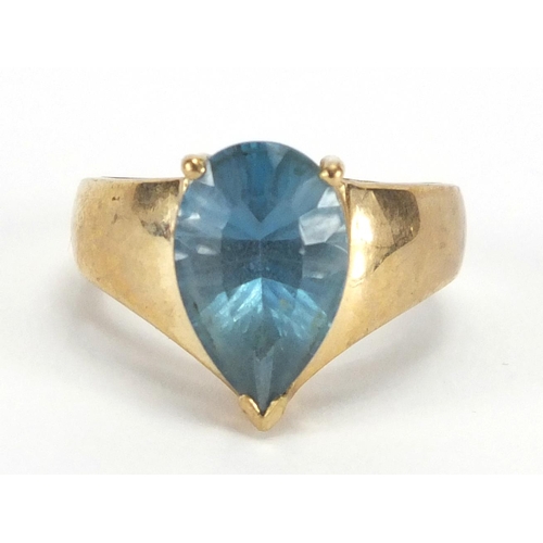 2346 - 9ct gold blue topaz tear drop ring, with certificate, size N, approximate weight 5.7g