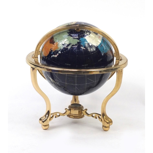 2022 - Gilt metal and specimen table globe, with compass under tier, 48cm high