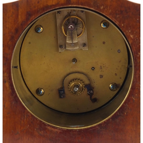 2049 - Edwardian inlaid mahogany mantle clock with enamelled dial and Arabic numerals, 23cm high