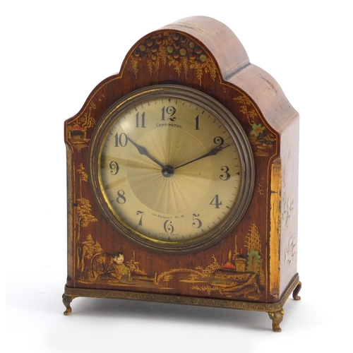 2079 - Mahogany mantle clock, lacquered in the chinoiserie manner retailed by Carrington of Regent Street, ... 