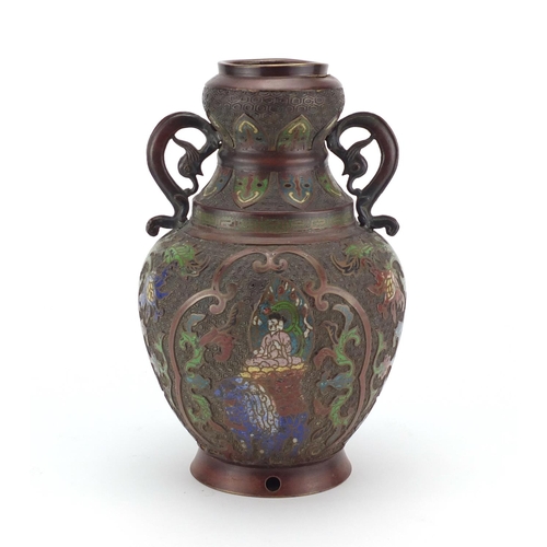 2099 - Japanese cloisonné vase with twin handles, enamelled with Buddha and flowers, 30.5cm high