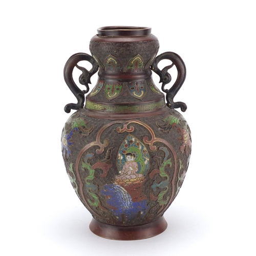 2099 - Japanese cloisonné vase with twin handles, enamelled with Buddha and flowers, 30.5cm high
