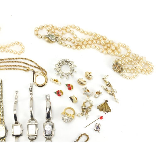 253 - Costume jewellery including simulated pearl necklaces, earrings, brooches and wristwatches