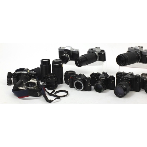 202 - Vintage and later cameras and lenses including Zenit, Chinon, Praktica, Miranda and Pentax