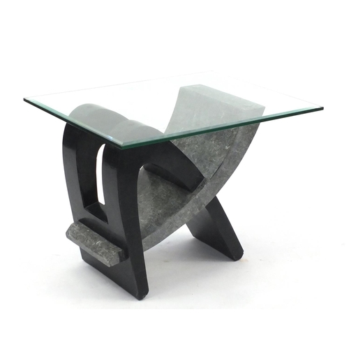 12 - Modernist simulated marble coffee table, the glass top with bevelled edge, 55cm H x 76cm W x 56cm D