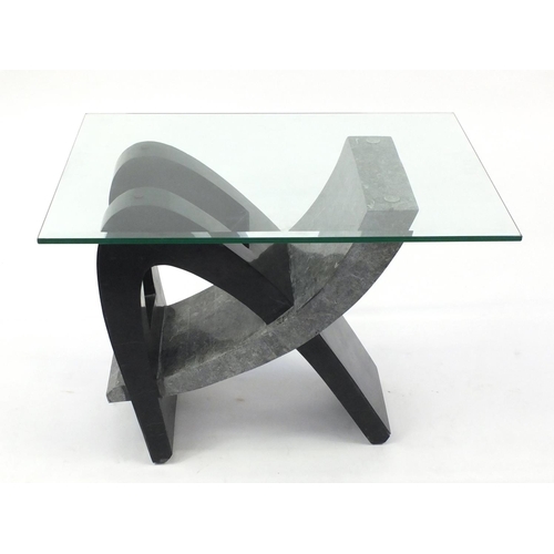12 - Modernist simulated marble coffee table, the glass top with bevelled edge, 55cm H x 76cm W x 56cm D