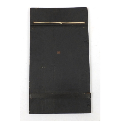 269 - Japanese black lacquer panel with ivory, bone and Mother of Pearl inlay, 75cm x 42cm