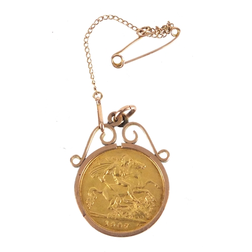 2257 - Edward VII 1907 gold half sovereign with 9ct gold pendant mount, approximate weight 5.9g