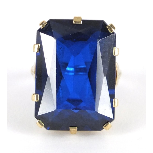 2283 - Large 9ct gold blue stone ring, size O, approximate weight 14.3g