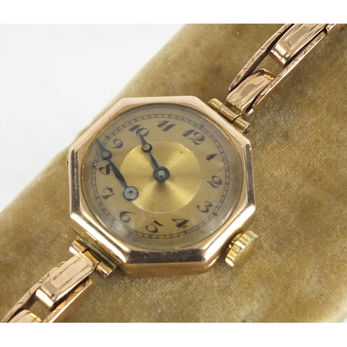 2286 - Ladies 9ct gold wristwatch with 9ct gold strap, housed in a Victorian tooled leather box, approximat... 