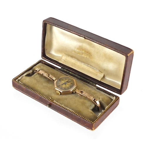 2286 - Ladies 9ct gold wristwatch with 9ct gold strap, housed in a Victorian tooled leather box, approximat... 