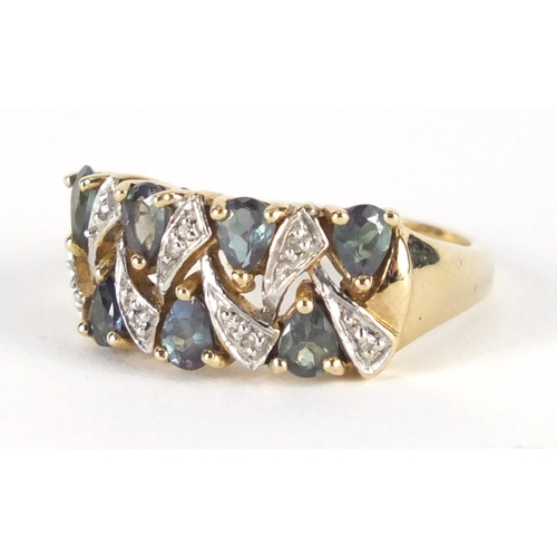 2338 - 9ct gold diamond and green stone dress ring, size N, approximate weight 4.2g