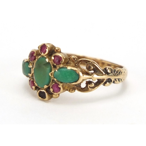 2336 - Victorian 9ct gold pink and green hard stone ring, size M, approximate weight 2.6g