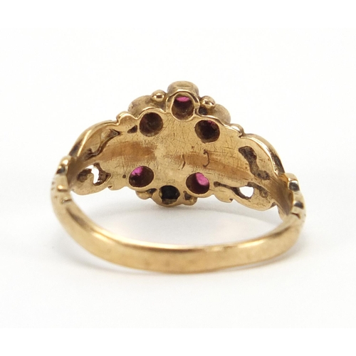 2336 - Victorian 9ct gold pink and green hard stone ring, size M, approximate weight 2.6g