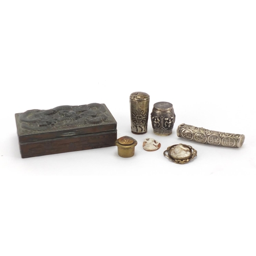 421 - Objects including a Chinese pewter box, embossed with a dragon, Military interest walking stick hand... 