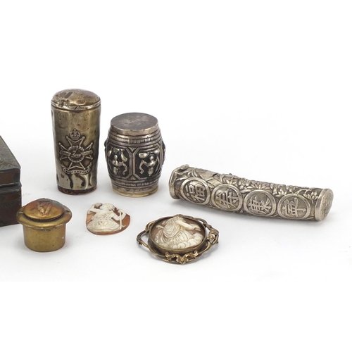 421 - Objects including a Chinese pewter box, embossed with a dragon, Military interest walking stick hand... 