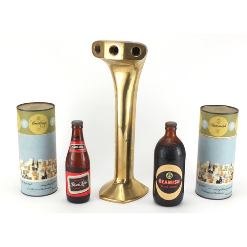 86 - Brass Cobra beer pump, two vintage Beamish boxes, bottle of Beamish Stout and bottle of Carling Blac... 