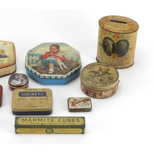 381 - Vintage advertising tins including Marmite Cubes, Blue Bird Confectionery, Properts Leather and Sadd... 
