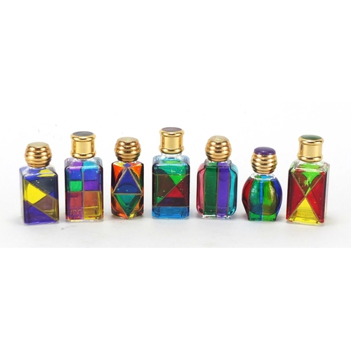383 - Seven miniature colourful glass scent bottles, two with Murano paper labels, the largest 6cm high
