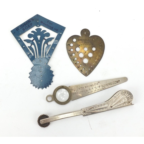399 - Sewing objects including a Singer cutter, Fairfax pin gauge and a Phillips magnifying glass