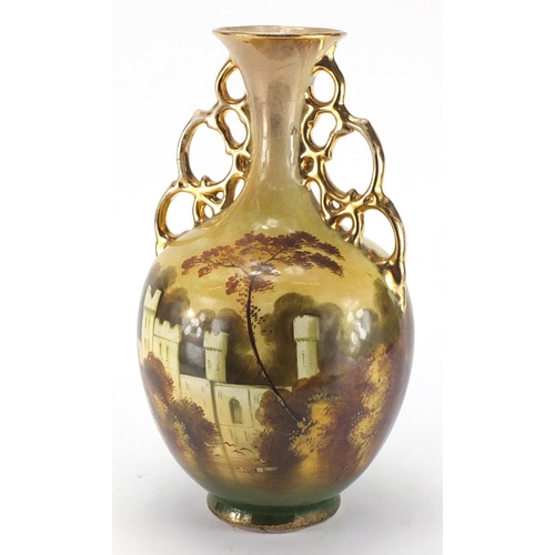 90 - Victorian twin handled vase, hand painted with Haddon Hall signed L Reid, 37cm high