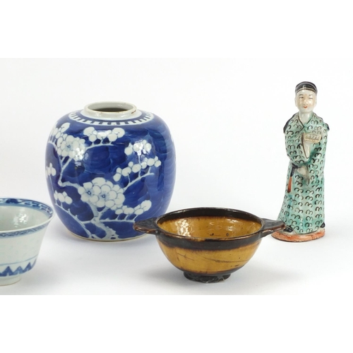 124 - China and glassware including a Chinese blue and white porcelain ginger jar and a tea bowl